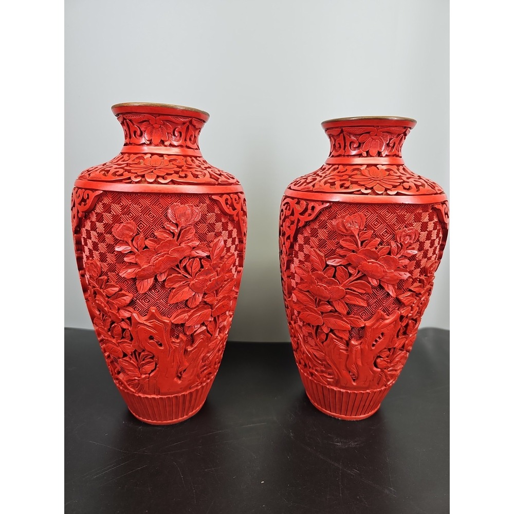 LARGE FINE PAIR OF CHINESE MEI PING‎ CINNABAR BLUE ENAMEL BRASS VASE 30cm TALL